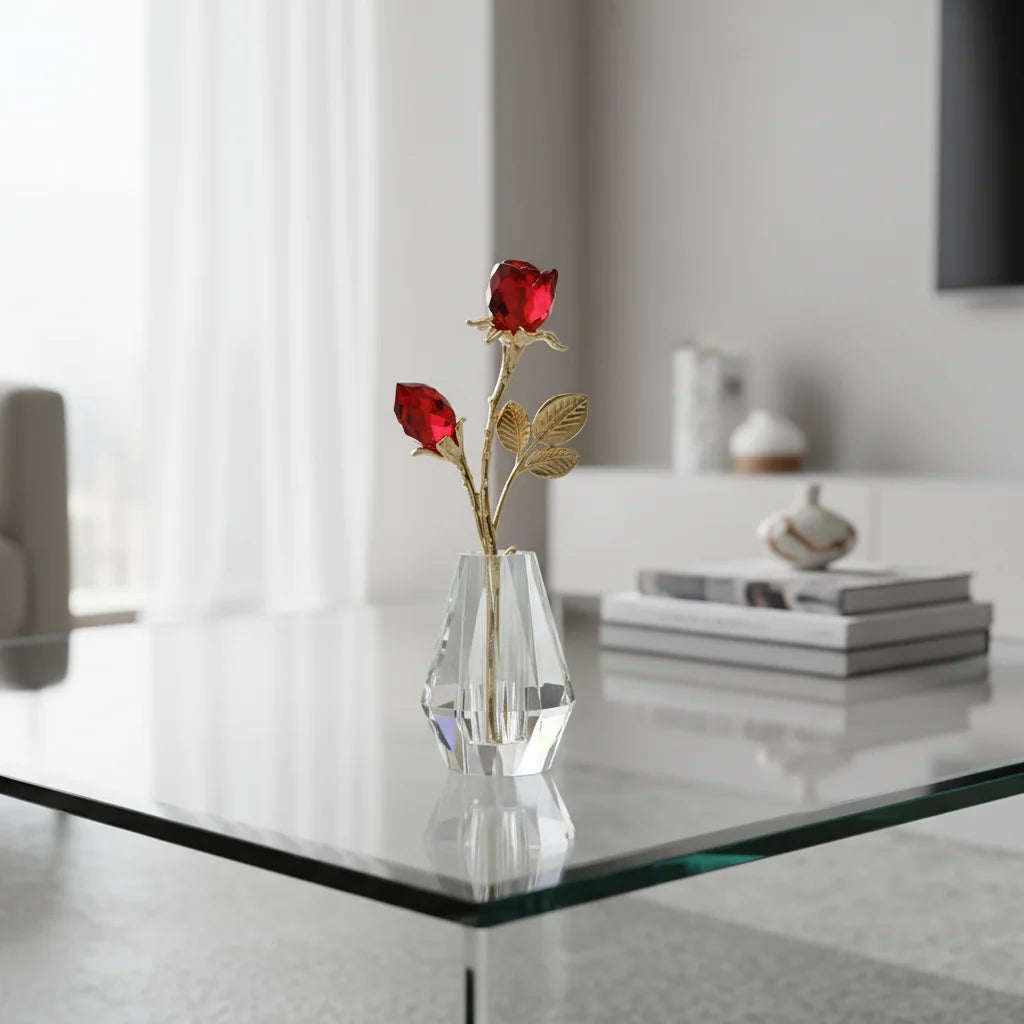 Luxury Golden Stem With Glass Crystal Vase for Valentine's Day Gifts Crystal Rose Home Decor Collectible Double Rose Flowers