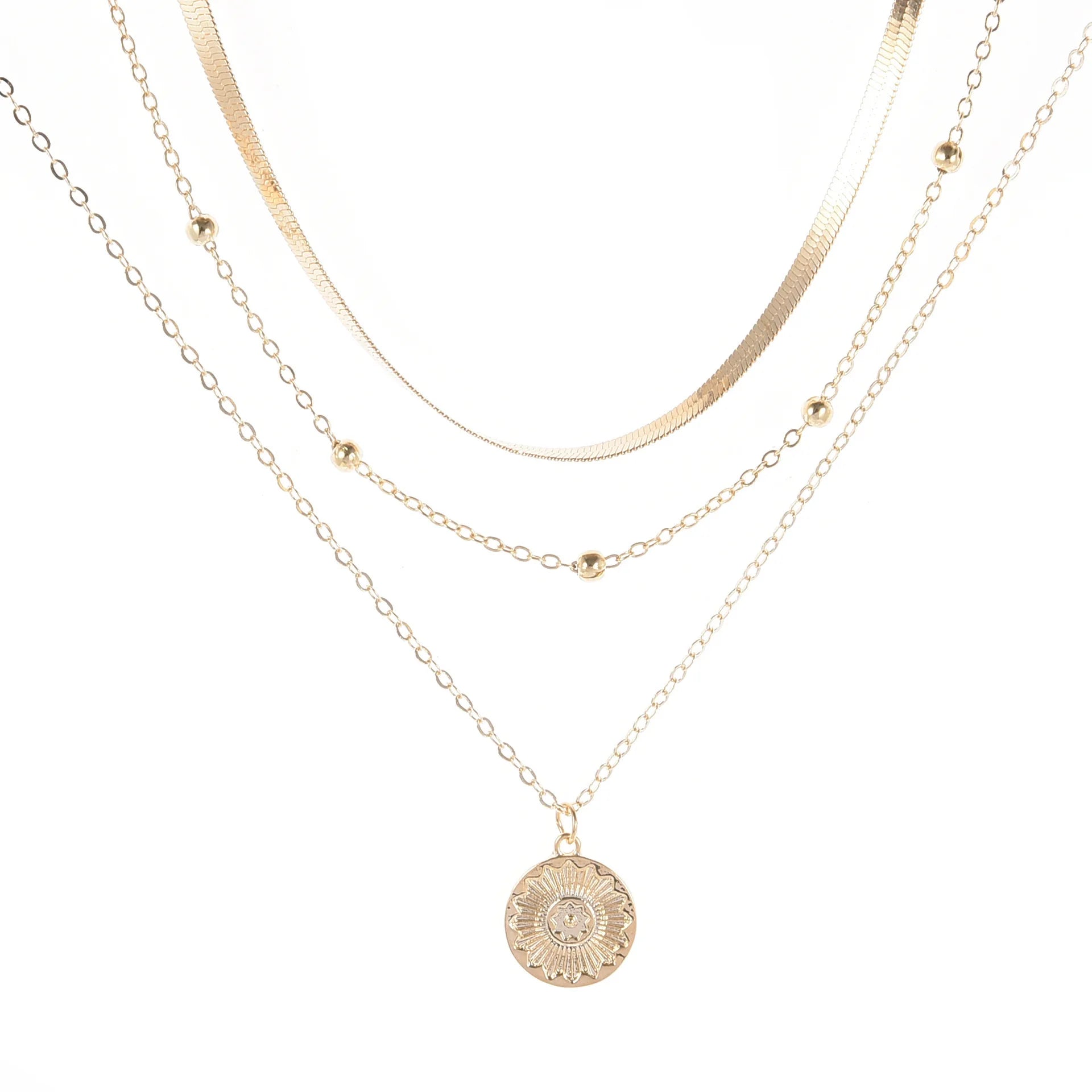 Multi Three-Layer Women Geometric Necklaces Jewelry Flower Round Pendant Charm Link Chain Necklace