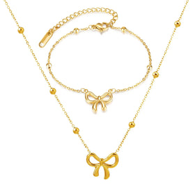 Temperament Golden Beads Bracelet Earrings Jewelry Non Tarnish Stainless Steel Necklace Sweet Bow Necklace Gifts for Women