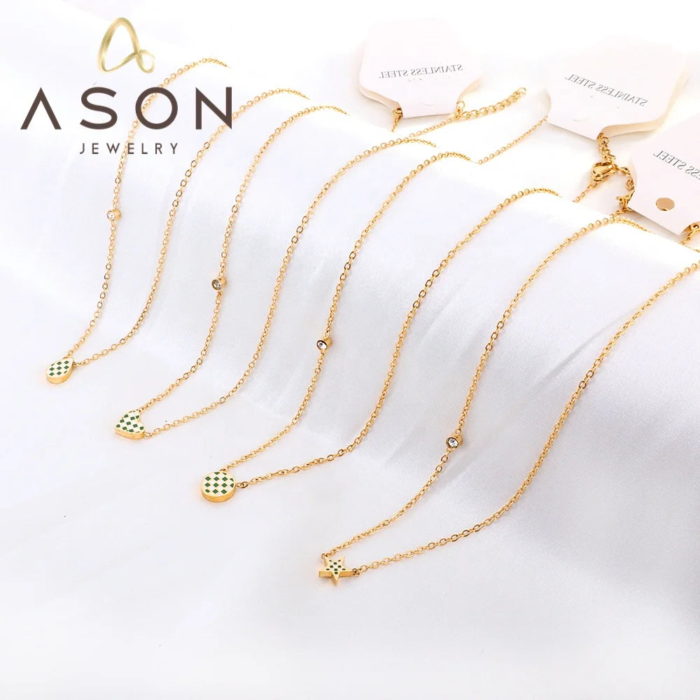 Ason Jewelry Stainless Steel Necklace 18k Gold Plated Star Teardrop Heart Round Mixed Color Accessories Zircon Necklace