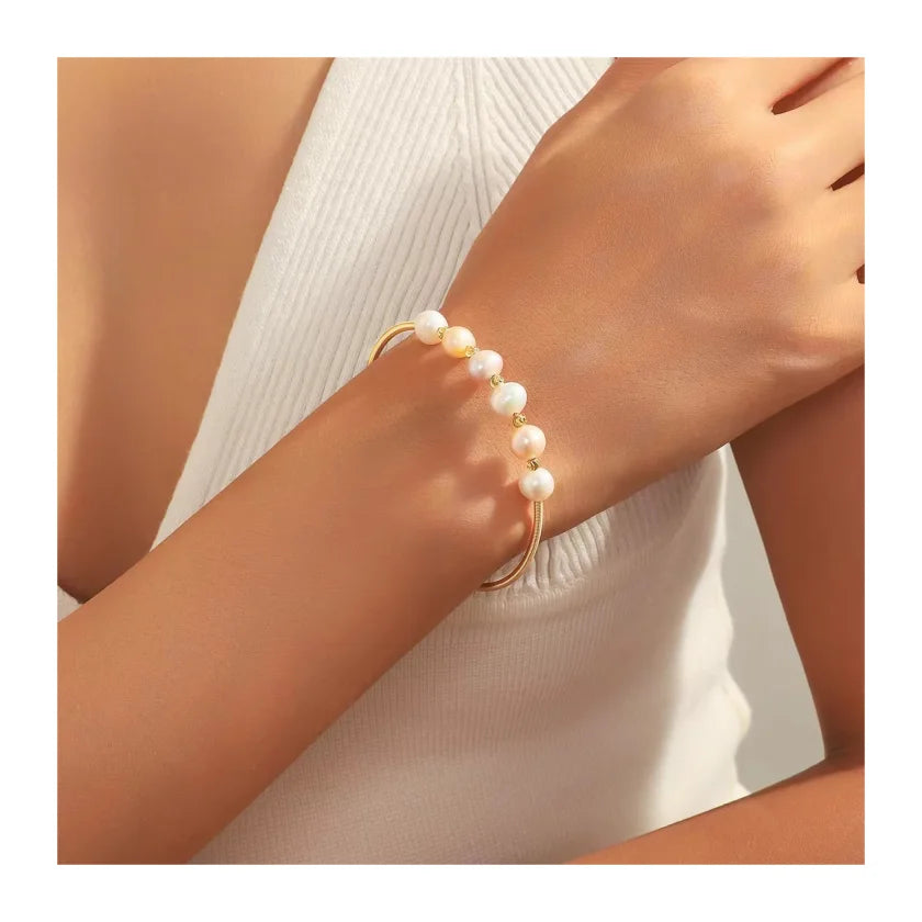 Women's Adjustable 5-6mm Freshwater Pearl Bracelet Natural Wires Wrapped Fashion Jewelry Bangle