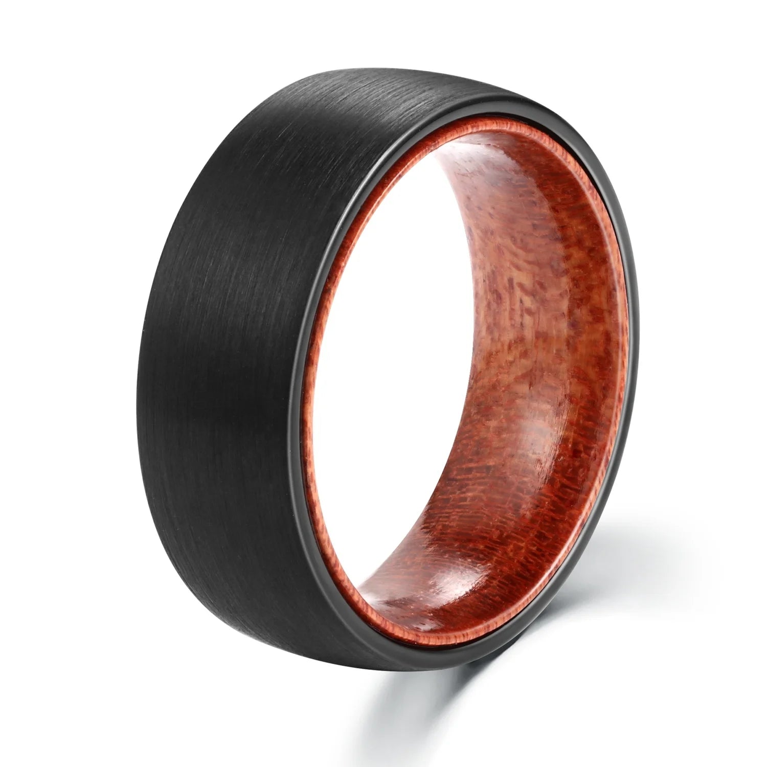 POYA Black Tungsten Ring Inlay Rose Wood Sleeve 8mm Brushed Flat Edge Comfort Fit Mens Wedding Band