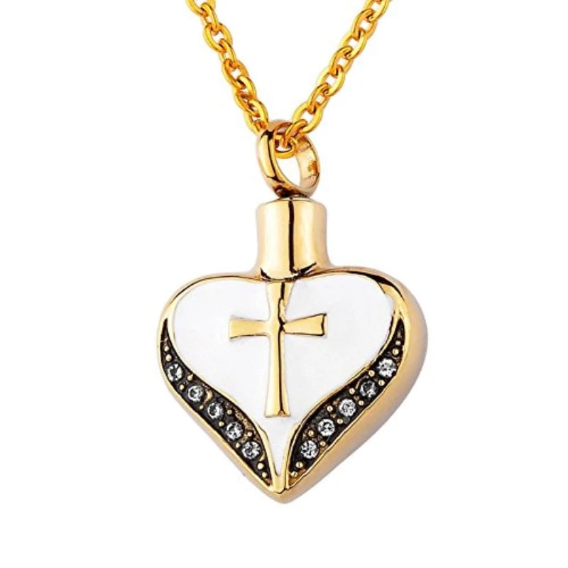 Gold Color Stainless Steel Crystal Heart Memorial Necklace Cross Cremation Ash Pendant Holder Keepsake Urn Heart Cremation Urn