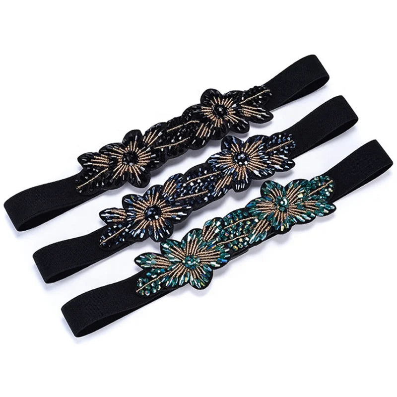 New Handmade Stitched Crystal Beads Rhinestones Rice Bead Elastic Belt for Ladies Narrow Belt
