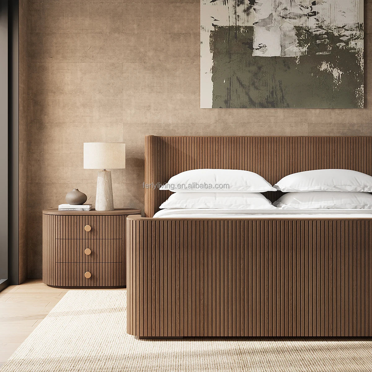 FERLY Contemporary Full Bedroom Furniture Set Oak Closed Nightstand with Drawer Bedside Table for Home Use