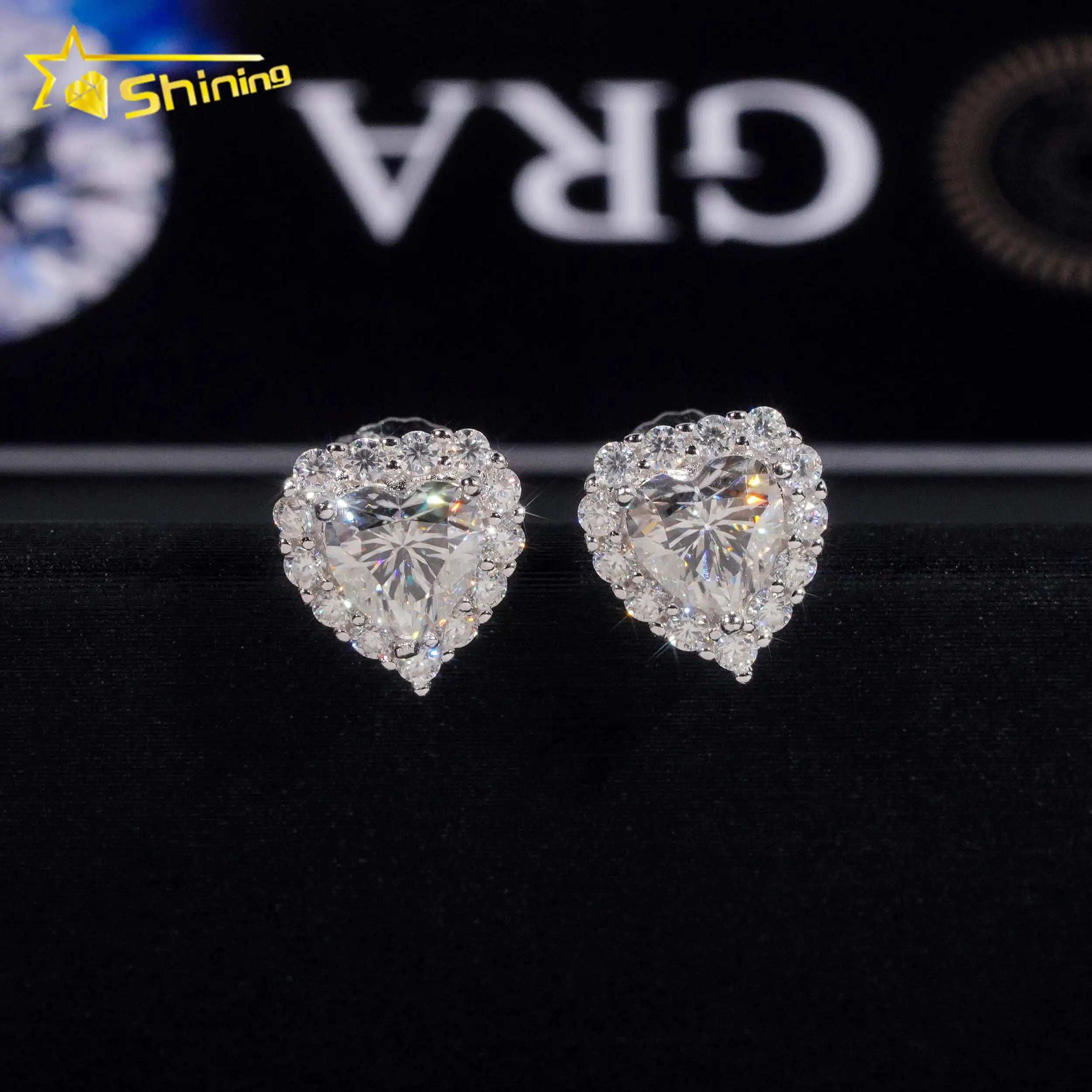 Hip Hop Jewelry Pass Tester GRA Certified Stocks Brilliant Diamond 925 Sterling Silver Moissanite Stud Earrings Heart Earrings