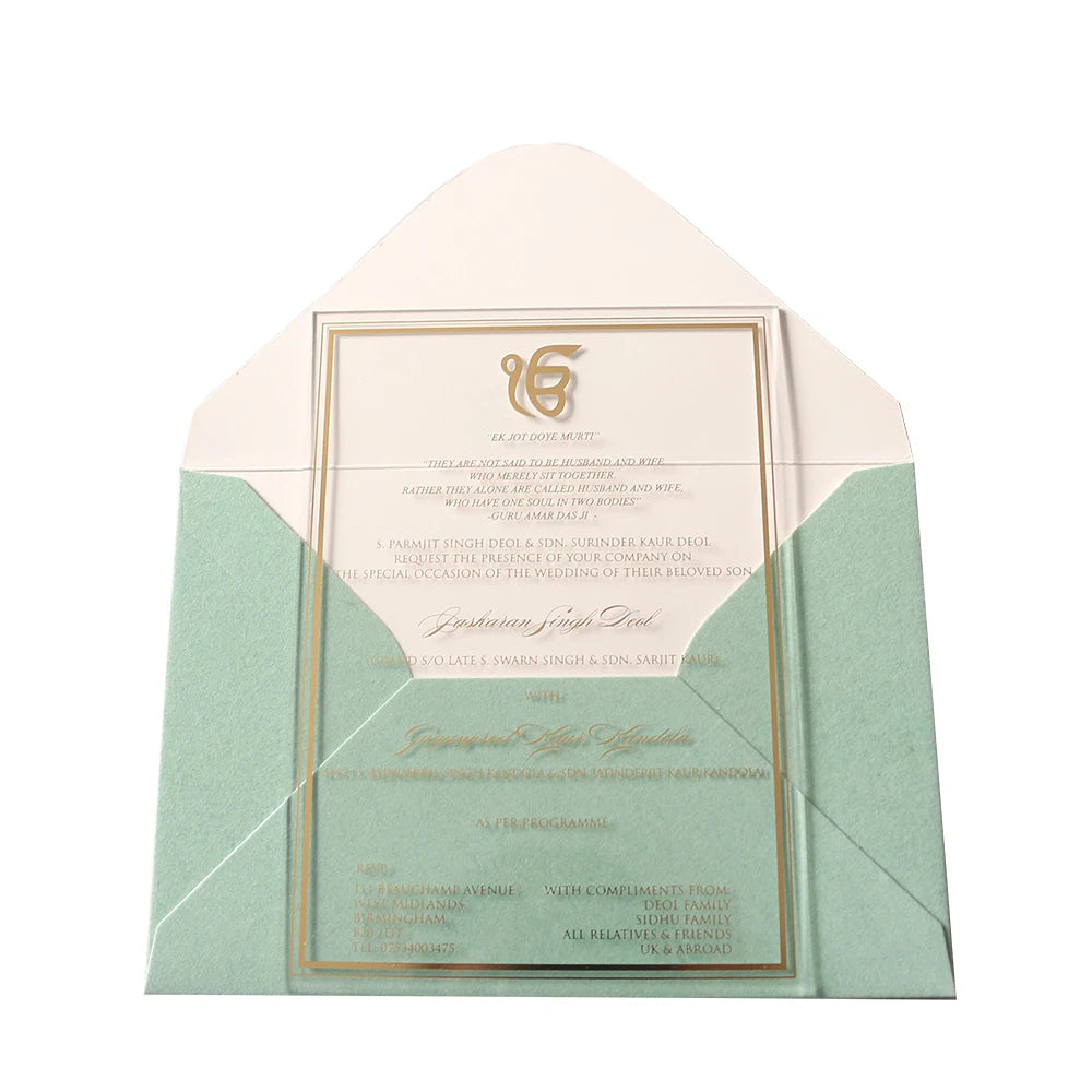 Hot Sale Gold Foil Clear Acrylic Birthday Cards Invitation Cards With Velvet Envelopes Custom Menu Cards