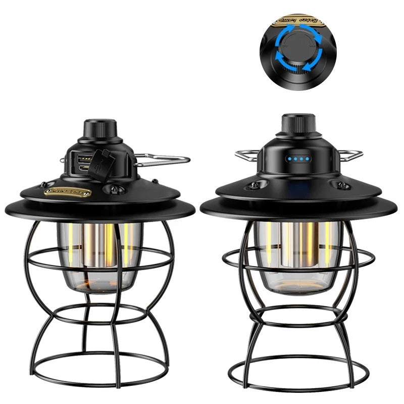 Portable Outdoor Hanging Tent LightRechargeable LED Camping Lantern Vintage Camping Lights Retro Style Camping Lamp