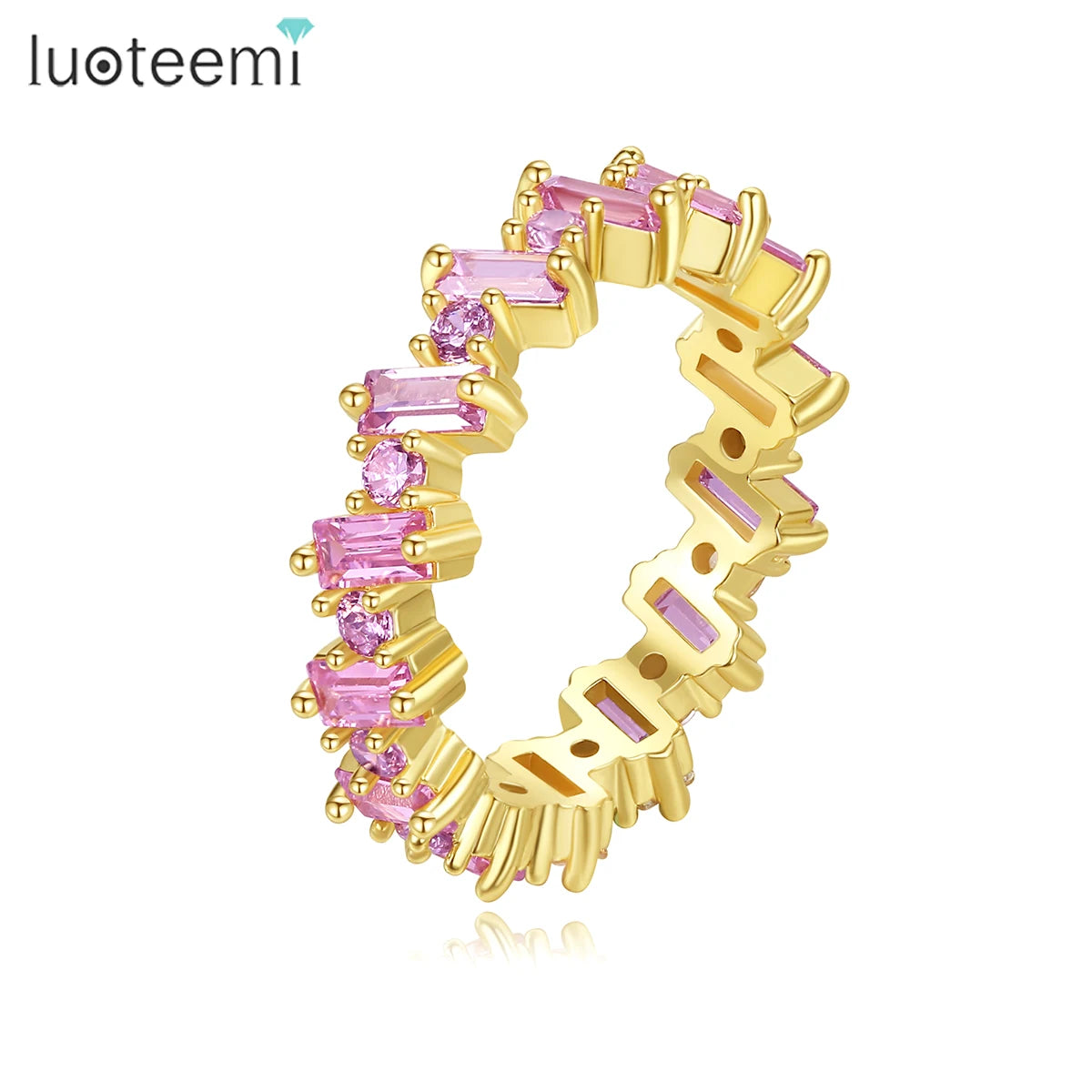 LUOTEEMI Ring Light Wonderful Pink Color Girl's Trendy Ring Real Gold Plated Finger Rings for Women Men