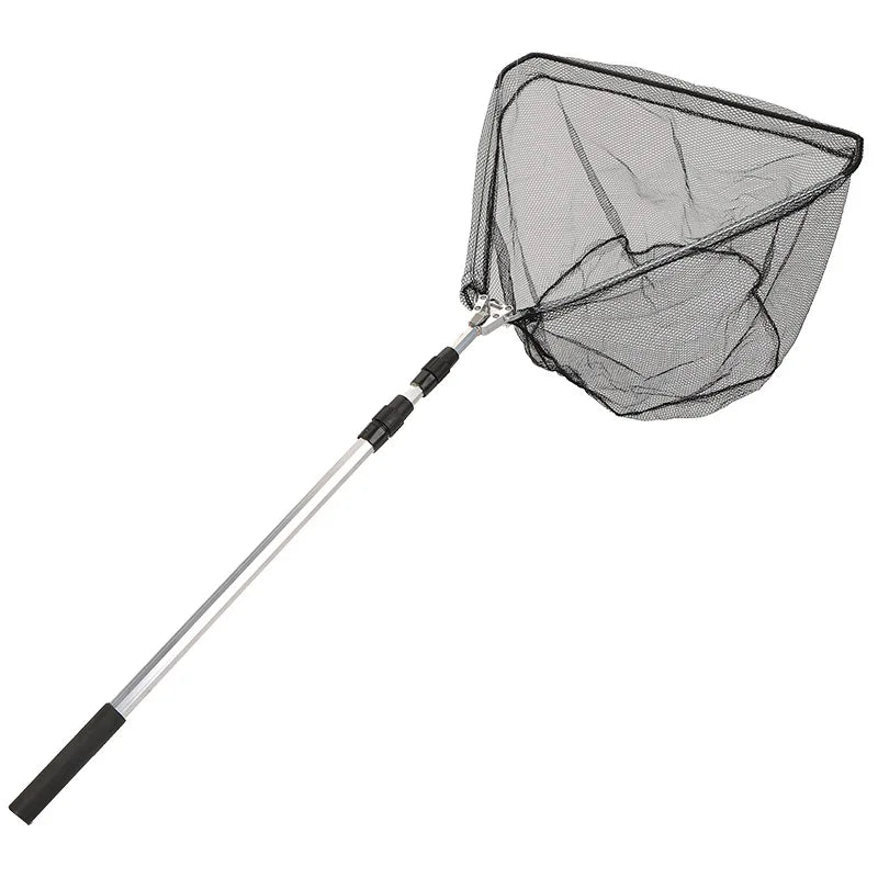 Long 1.5-2.1m Telescopic Aluminum Handle Triangular Folding Hand Woven Net Landing Fishing Gear