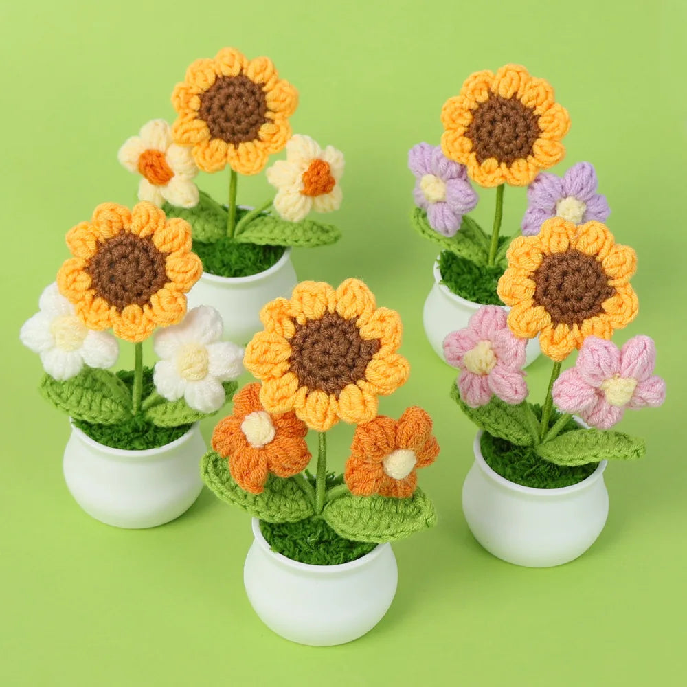 Delicate Multi Color Crochet Sunflower & Puff Flowers Potted Plant with White Flowerpot Wholesale Woolen Knitted Flower