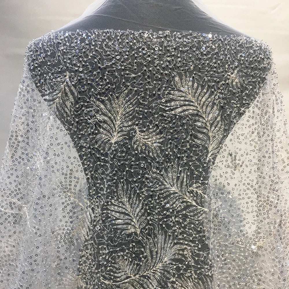 Custom Wholesale Price Sequins Luxury Bridal Lace Fabric White Ivory Silver Beaded Embroidered Lace Fabric