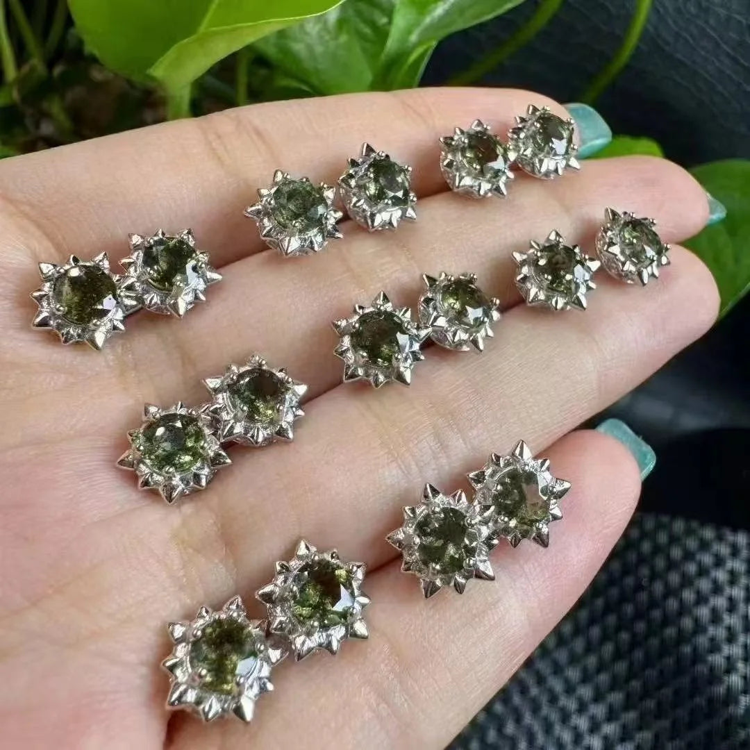 Handmade Healing Crystal Stone Jewelry S925 Sterling  Silver Natural Faceted Czech Meteorite Stud Earrings