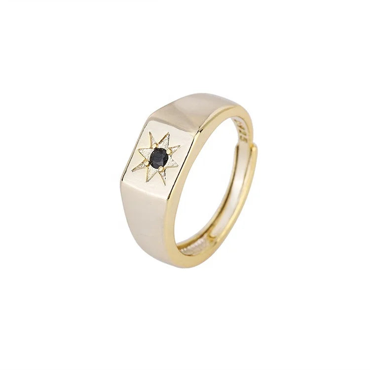 Trendy Pave Center Black Cubic Zirconia Gold Star Signet Ring for Men & Women