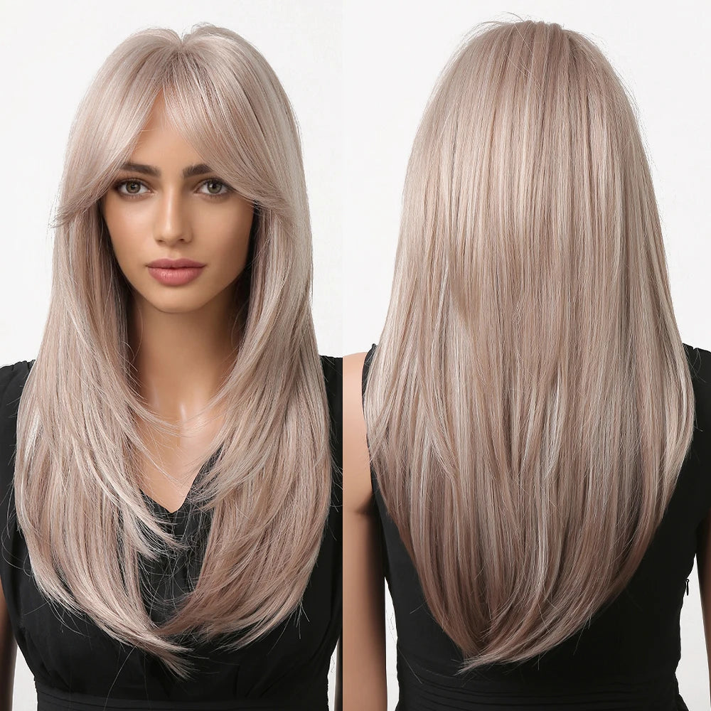 Factory Prepare for Shipment Long Straight Ash Blonde Synthetic Wigs for White Women Layered Wig with Long Bangs Natural Hair