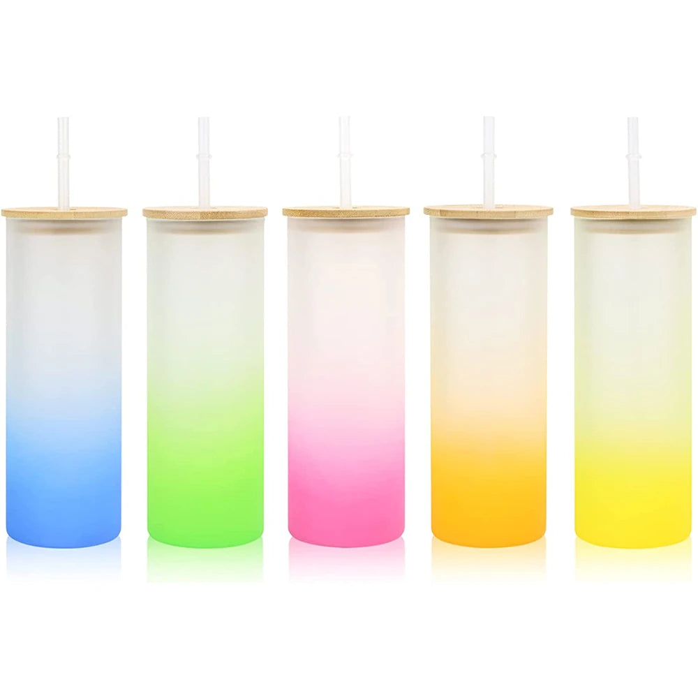Wholesale Eco Friendly Gradient Glass Sublimation Tumbler Coffee Mug Cup With Straw & Bamboo Lid