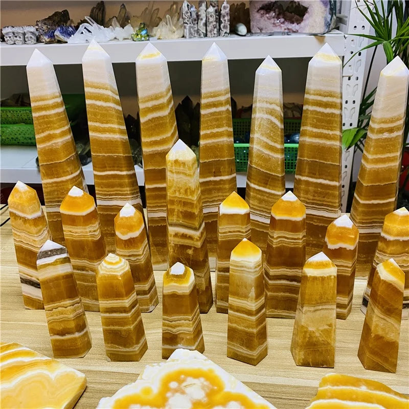 Natural Crystal Wand Yellow Orange Honey Calcite Point Crystal Tower for Healing