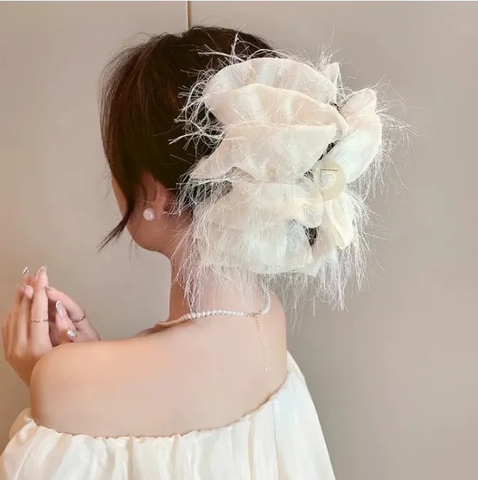 Wholesale Fashion Multilayer Big Bow Women Elegant Feather Hair Clip Claw Hair Accessories