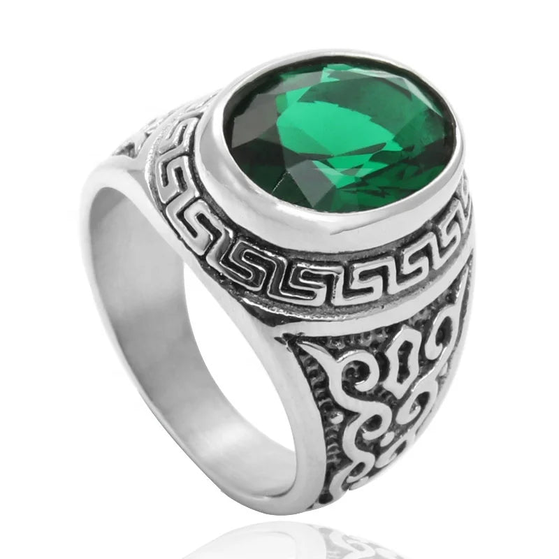 New Stainless Steel Emerald Ring Wild Trend Retro Great Wall Pattern Ring