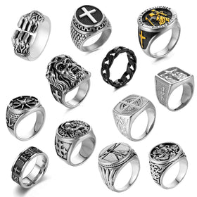 Olivia Compass Jesus Medusa Male Ancient Silver Rings Gold Plated Custom Stainless Steel Signet Drip Oil Ring Jewelry