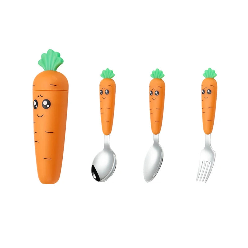 3 PCS Kids Cutlery Children Lunch Tableware Carrot Scraper Spoon and Fork Set Stainless Steel Flatware With Case