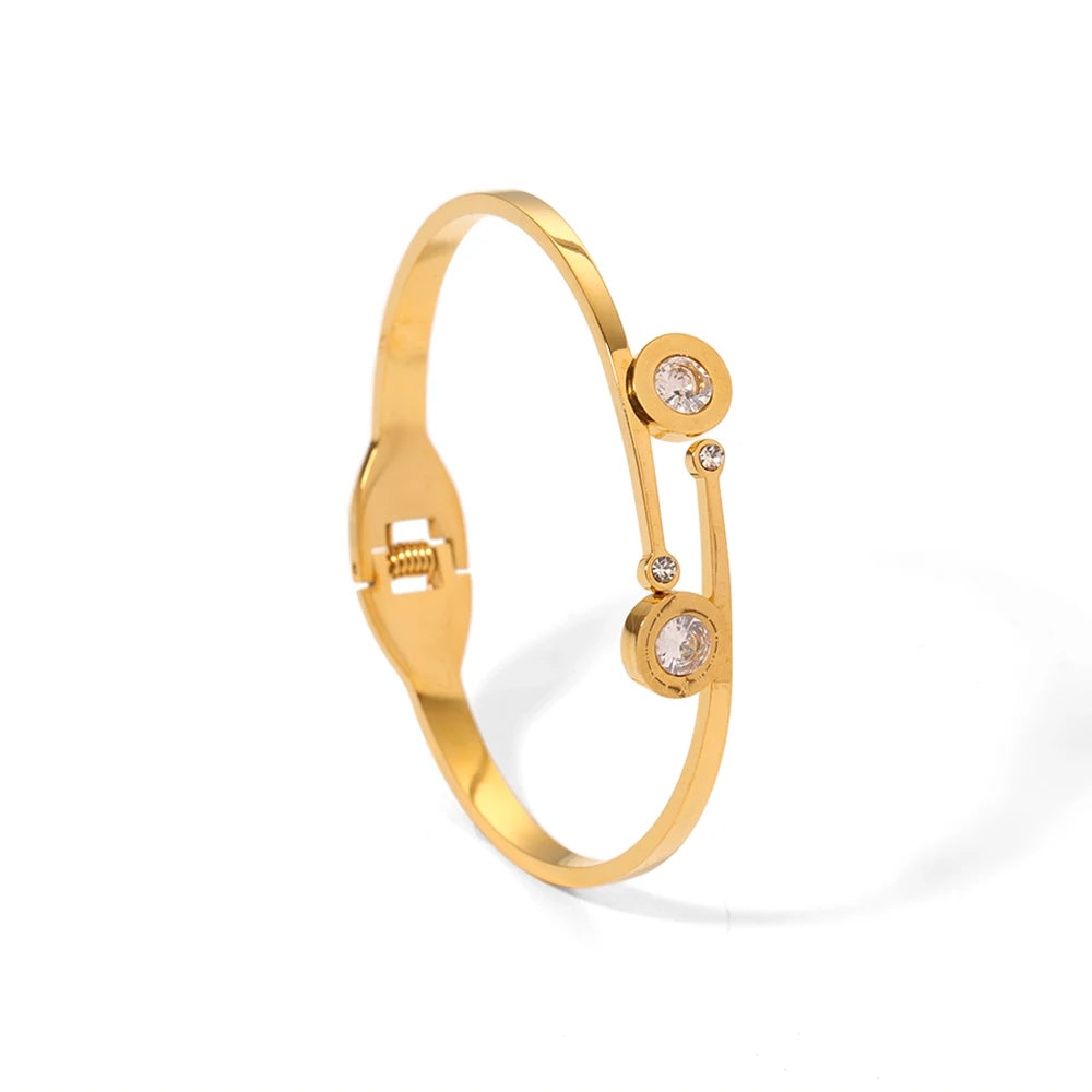 Ins Styles Gold Plated Crystal Cubic Zircon Double Layers Elegant Stainless Steel Open Bangles for Women