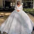Long Sleeve Sparkling Princess Bridal  Plus V-neckline Africa Cheap Customized  Ball Gown Pure White Wedding Dresses MW748