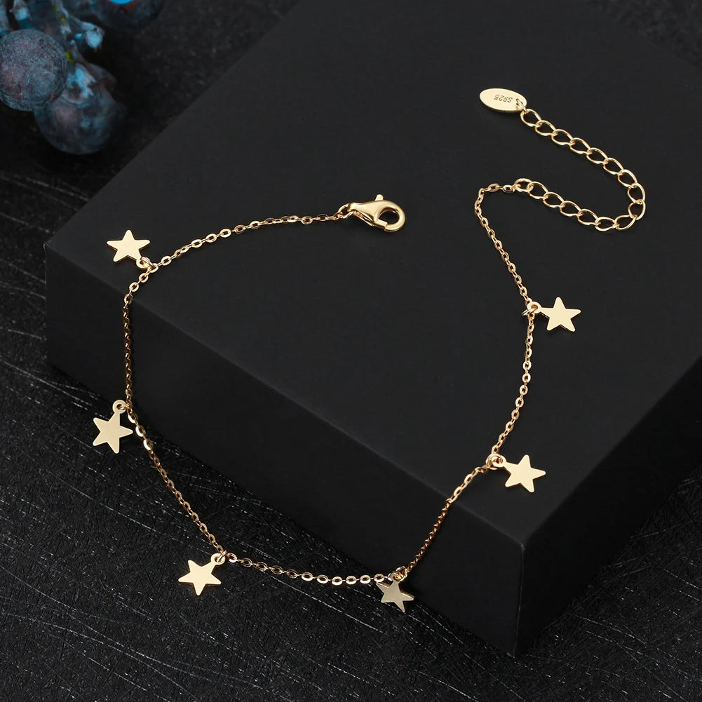 RINNTIN SA27 Fashion Jewelry Anklets Leg Chain Bracelets 925 Sterling Silver 14K Gold Plated Star Pendant Anklets Women