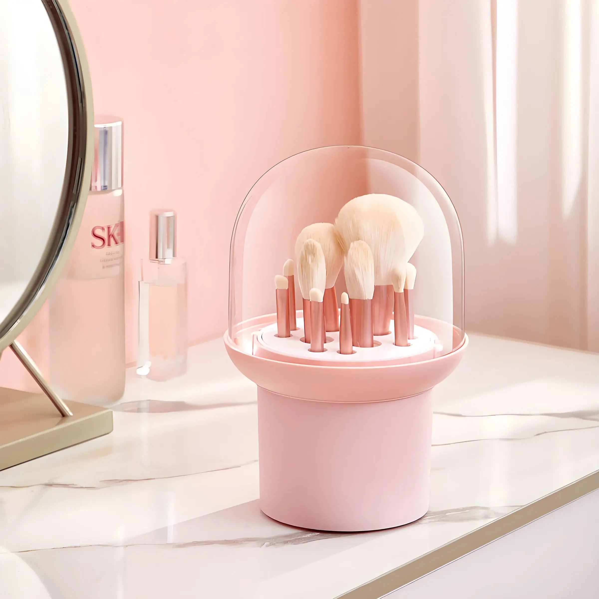 New Fashion Plastic Makeup Organizer Crystal Case Dust Proof Lipstick & Cosmetic Storage Box with Brush Holder