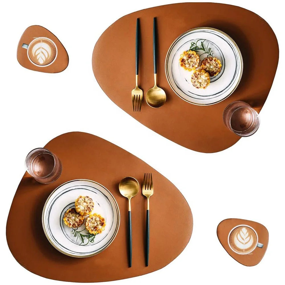 Faux Leather Placemats and Coasters Set Round Leather for Dinner Table Mats Heat Resistant Non-Slip Washable Place Mats