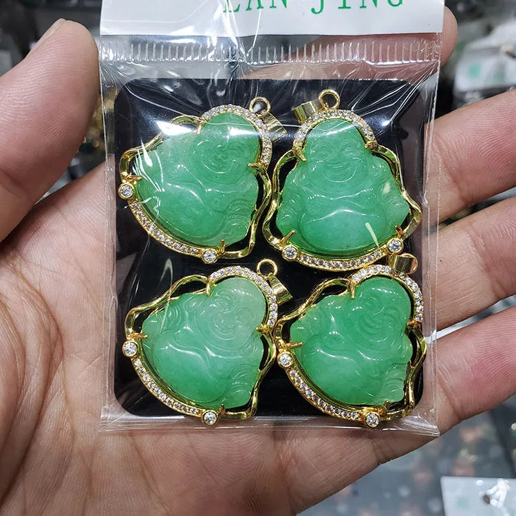 CZ8740 18k Gold Plated CZ Paved Natural Green Jade Stone Laughing Buddha Guanyin Statue Pendant Amulet Talisman Buddha Pendant