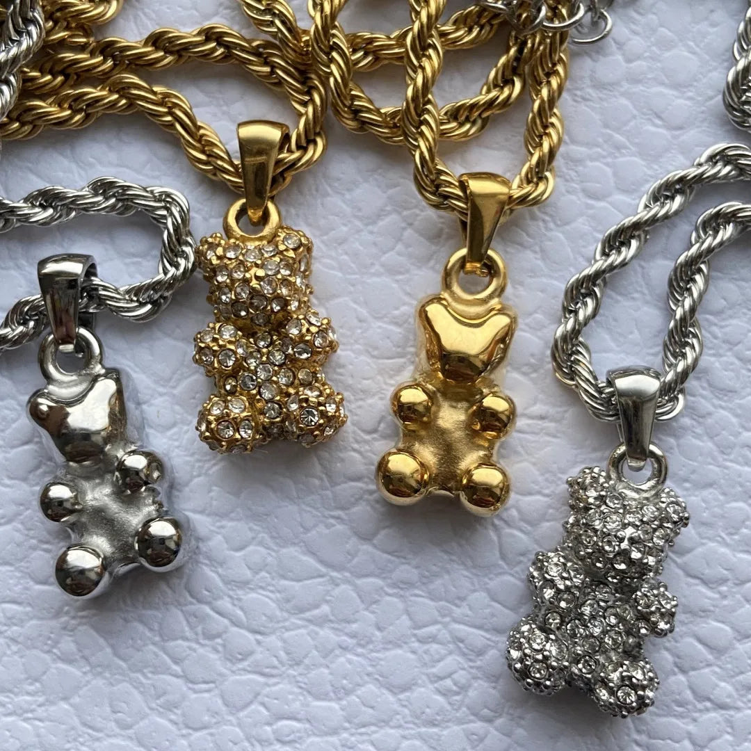 New Arrival Creative Personality Bear Necklace Jewelry Sweater Chain Full Diamond Stainless Steel 18K Gold Plated Necklace Women