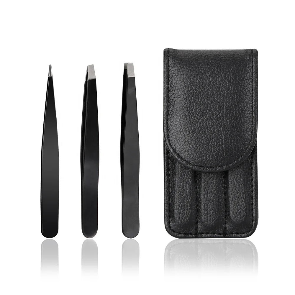 3pcs 4pcs  Black Pink Slanted  Pointed Eyebrow Eyelash Extension Tweezers Set With PU Bag