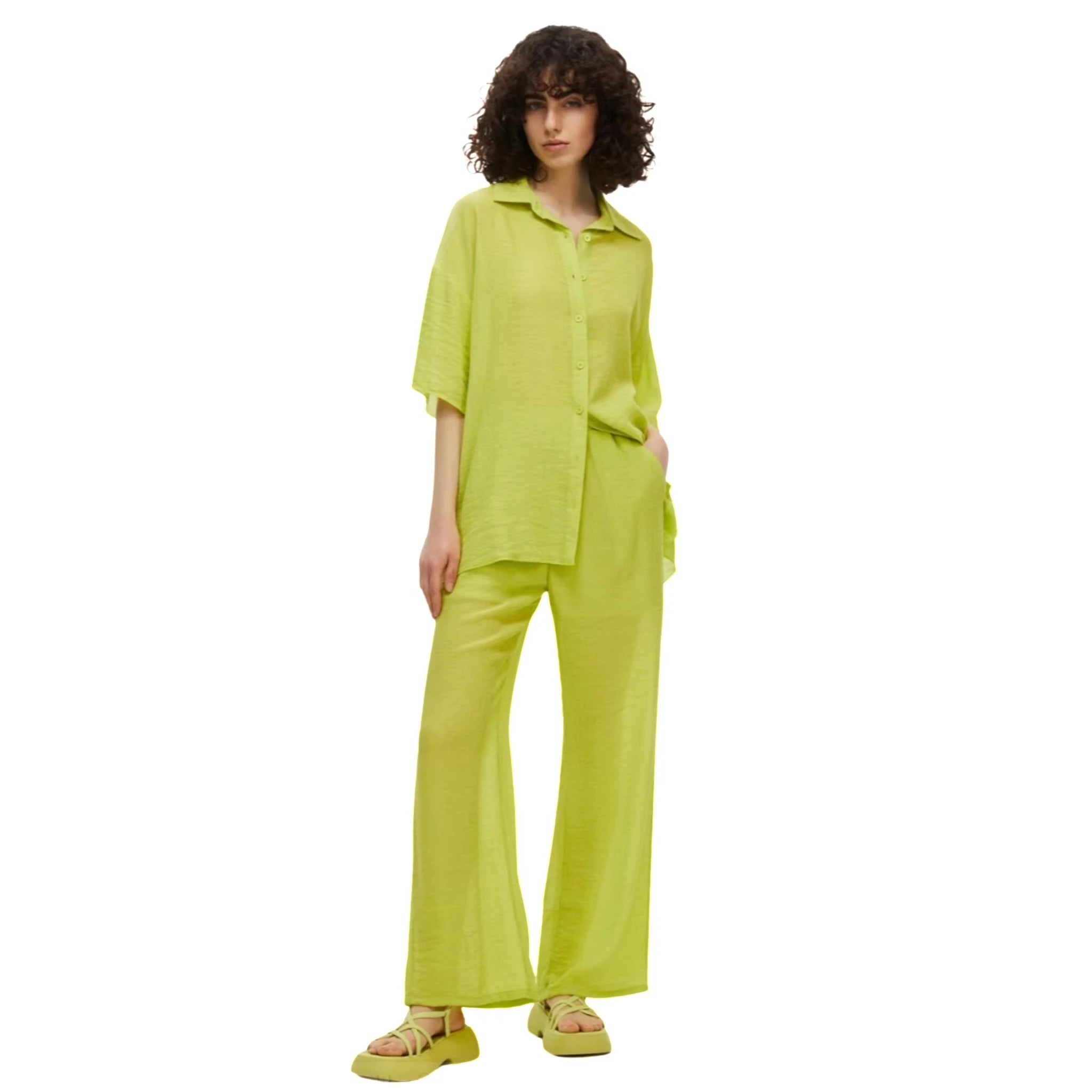 Spring and Summer Solid Color Fashion Casual Women Short-Sleeved Shirt Elastic Waist Trousers 2-Piece Set