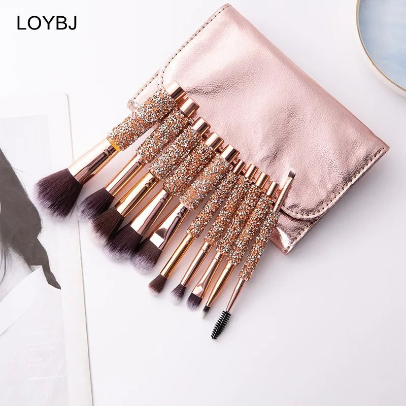Private Label 10-Piece Diamond Handle Luxury Handmade Synthetic Fibre Face Makeup Brush Set for Women Eyebrow Pencil Mascara