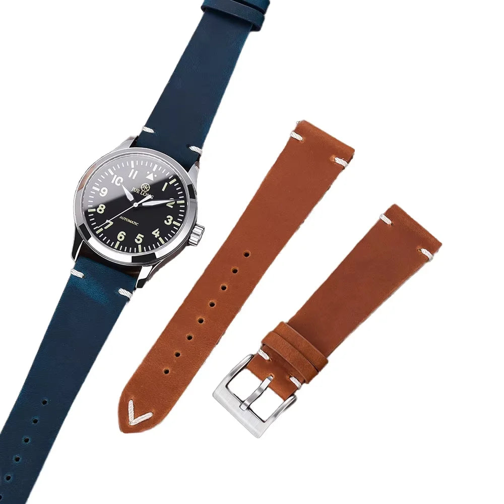 JUELONG Vintage Lug-Stitched Crazy Horse Leather Watch Strap Quick Release Hand-Stitched Genuine Leather Watch Bands 18 20 22mm