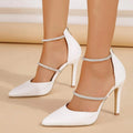 Elegant White PU Stiletto Heel Rhinestone Strappy Back Zipper Women High Heels Pointed Toe Ladies Wedding Pumps Shoes