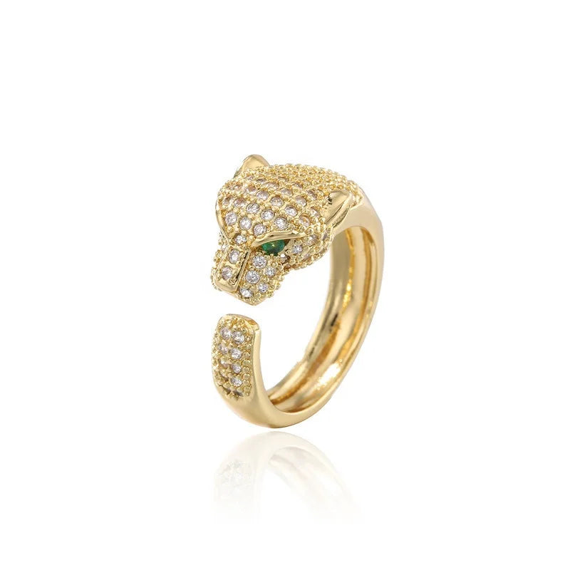 Hip Hop Trendy Jewelry  Brass Cz Panther Head Ring Adjustable Fashion Atmosphere Leopard Micro Inlaid Zircon Animal Ring