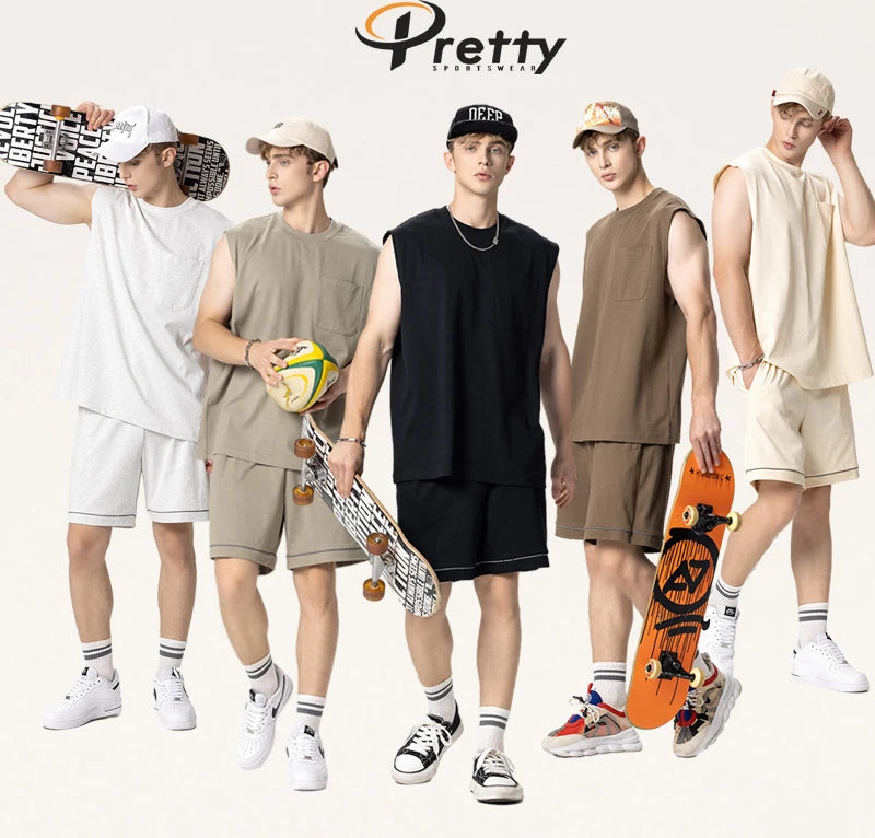 Street Style Heavyweight 310g  Cotton Vest Cotton Shorts Solid Color Sportswear