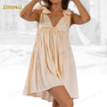 Clothing Factory Wholesale Summer Stripe Loose Deep V Neck Bow Strapped Sleeveless Sweet Beach Vacation Short Women Casual Dress