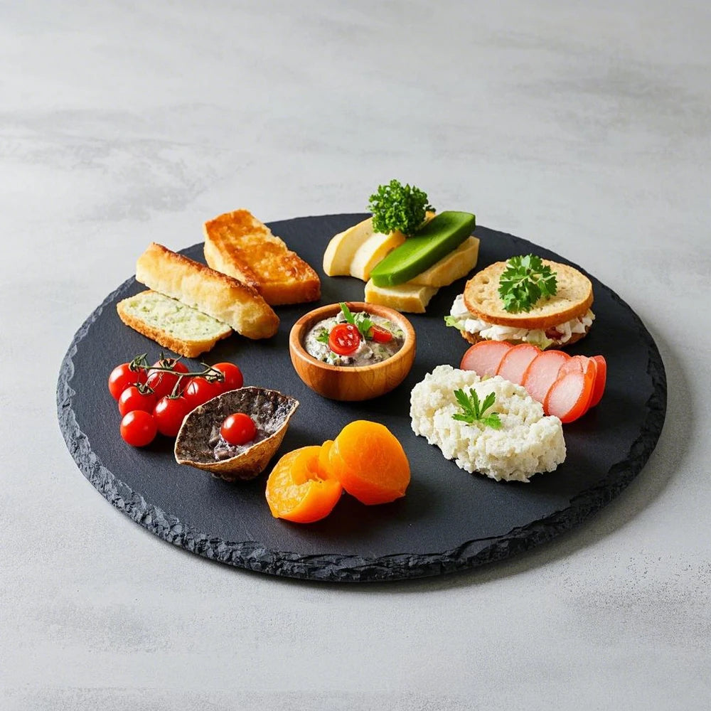 Wholesale Round Dia30 X 0.4-0.6cm Black Slate Dinner Plate Dishes Cheese Board Custom Round Beef Slate Plate