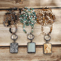 Fashion Jewelry for Women Festival Gift 6mm Natural Stone Beads Knotted Circle Glass Ball and Rectangle Stone Pendant Necklaces