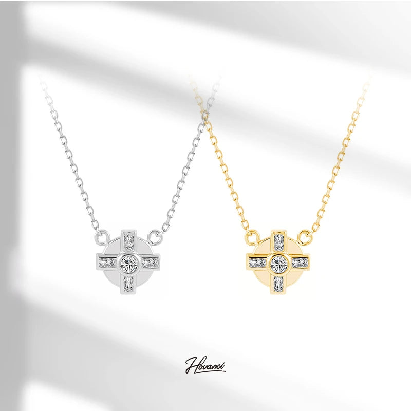 HOVANCI Women Stainless Steel Fashion Jewelry Anti Tarnish Four Round Zircon Cross Minimalist Necklace