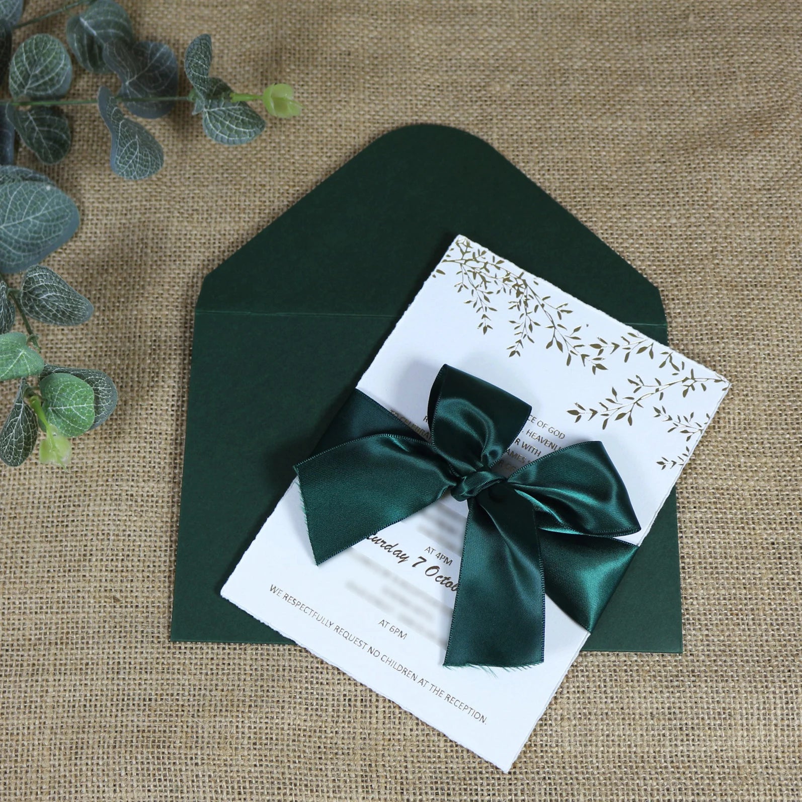 Deckle Edge Handmade Paper Emerald Green Invitation Card Design with Envelope Liner and Ribbon Bow