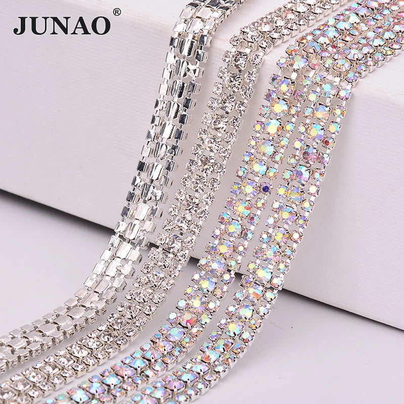 JUNAO 1 Roll SS8+SS16+SS8 Clear Color Glass Rhinestone Chain Tape Sewing Trim Crystal Ribbon Strass Banding for Dress