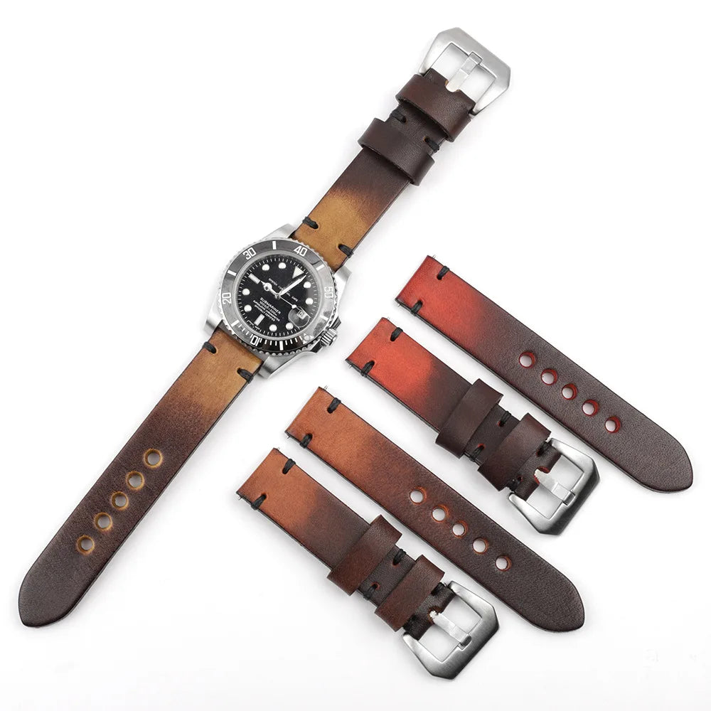 Fashionable retro handmade color change with contrasting leather strap precision steel watch leather watch strap 20mm