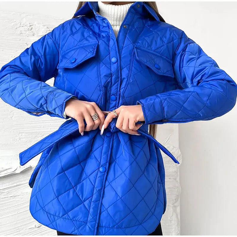 Long-breasted Lapel Loose Warm Diamond Plaid Cotton-padded Clothes New 2023 Autumn and Winter Thickened Cotton-padded Clothes