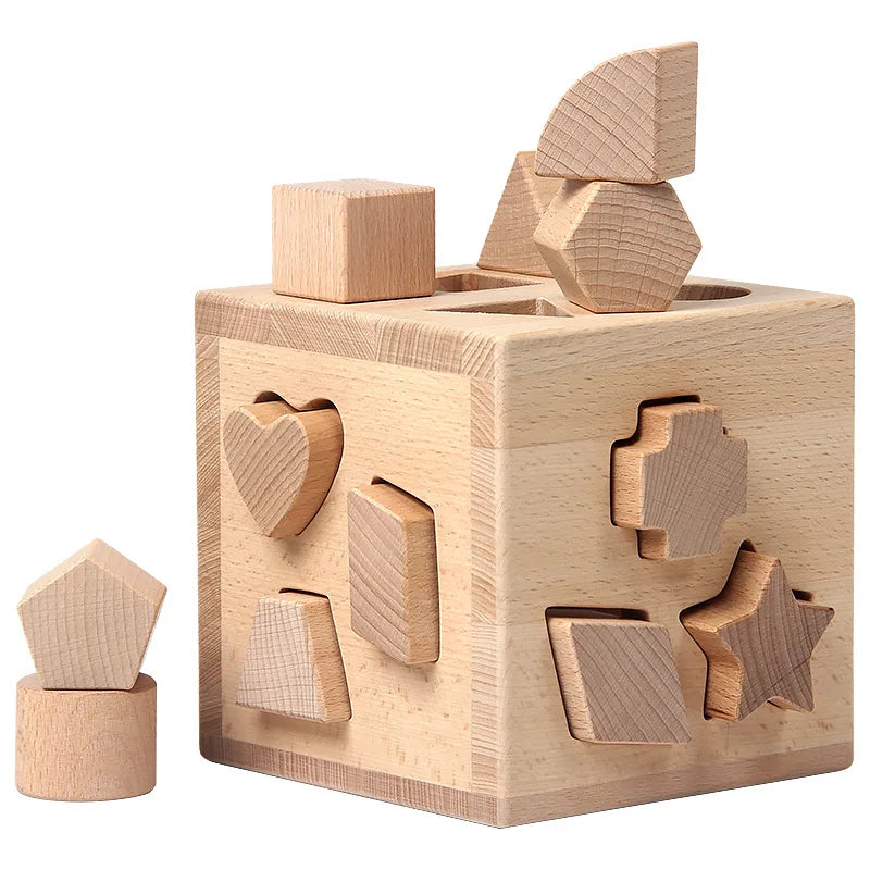 Early Education DIY Toy Set-Wooden Intelligence Box with Geometric Shape Matching Puzzle Cognitive Building Blocks for Kids