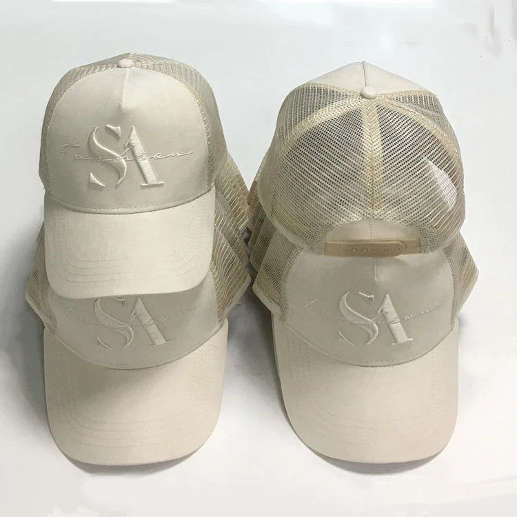OEM/ODM Custom Beige Suede Mesh Trucker Cap 5 Panel 3D Embroidery Logo Curved Brim Men Women's Outdoor Canvas HE XING Four