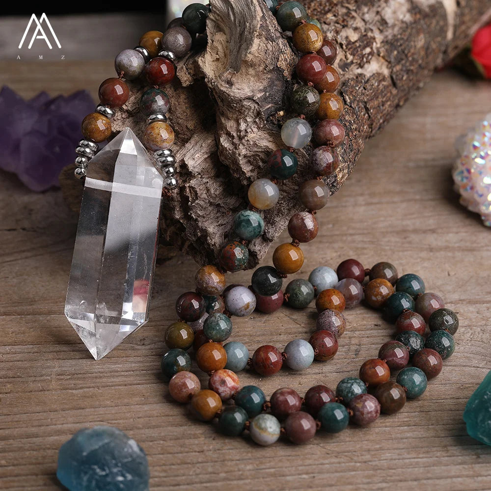 Ocean Agate Mala Necklace Prayer Beads  Healing Clear Crystal Quartz Double Point Pendant Yoga Necklaces